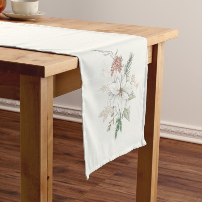 Christmas White Poinsettia and Pine Cones Short Table Runner (In Situ)