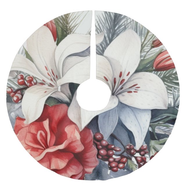 Christmas White Red Flowers Holidays Elegant Brushed Polyester Tree Skirt (Front)