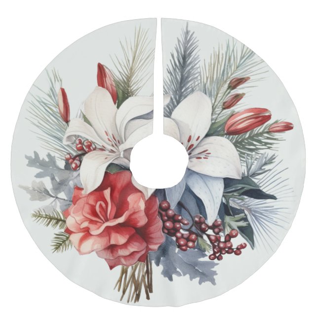 Christmas White Red Flowers Holidays Elegant Brushed Polyester Tree Skirt (Front)