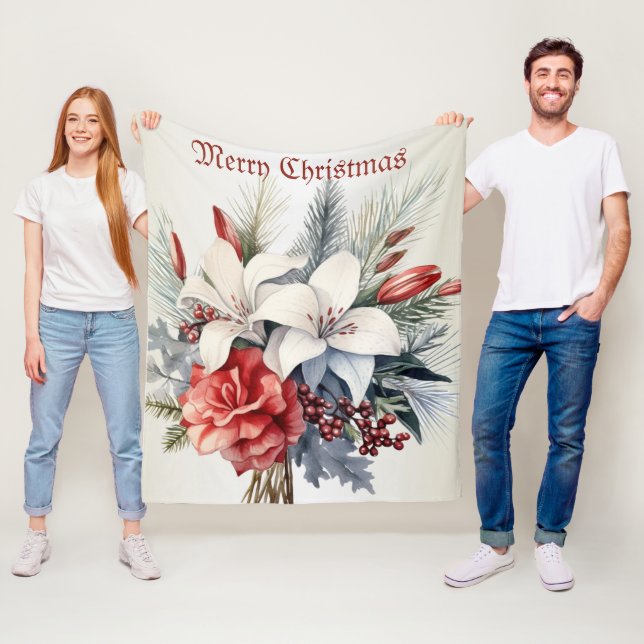 Christmas White Red Flowers Holidays Elegant Fleece Blanket (In Situ)