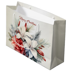 Christmas White Red Flowers Holidays Elegant Large Gift Bag