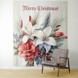 Christmas White Red Flowers Holidays Elegant Tapestry