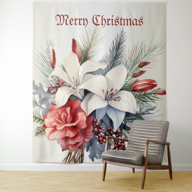 Christmas White Red Flowers Holidays Elegant Tapestry (In Situ)