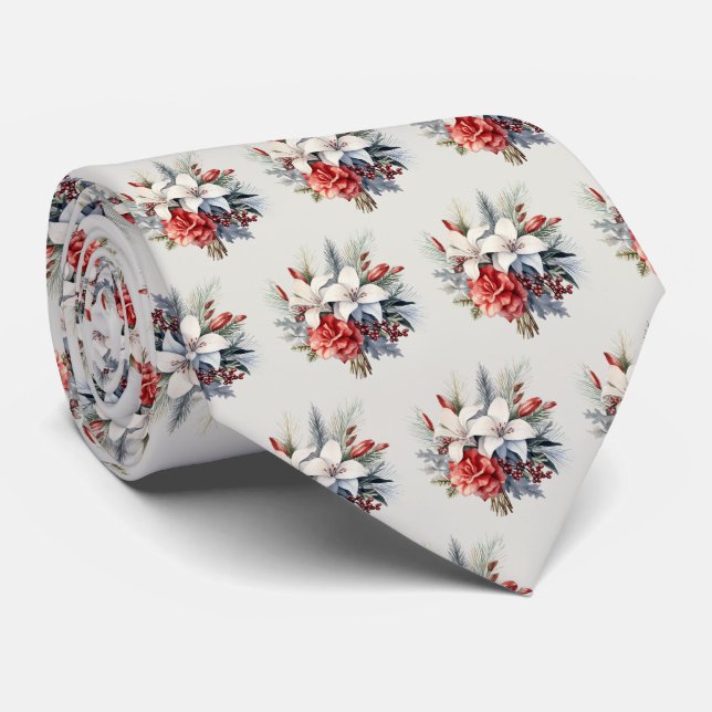 Christmas White Red Flowers Holidays Elegant Tie (Rolled)