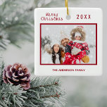 Christmas white red photo family elegant simple ceramic ornament<br><div class="desc">An elegant white background. The text: Merry Christmas with a red hand lettered style font,  letters.  Template for your own family photo and family name and year inside a slim red frame. 
Perfect as a gift or as a keepsake for your own family.</div>