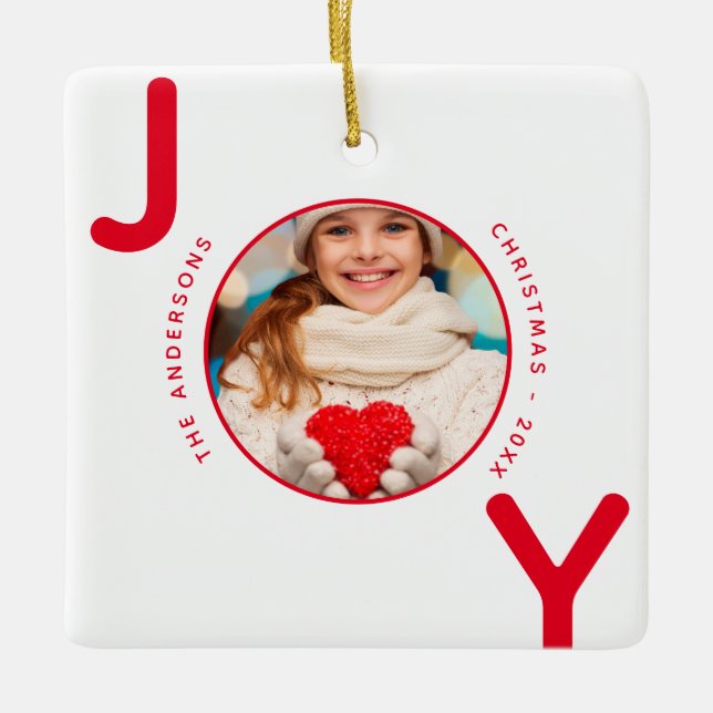 Christmas white red photo joy name ceramic ornament (Front)