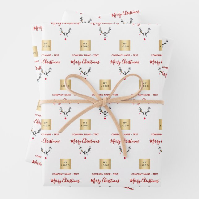 Christmas white red reindeer business logo wrapping paper sheet (In situ)