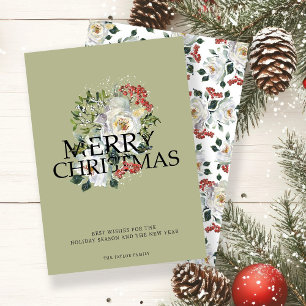 Christmas White Rose Flower Personalized Holiday Card