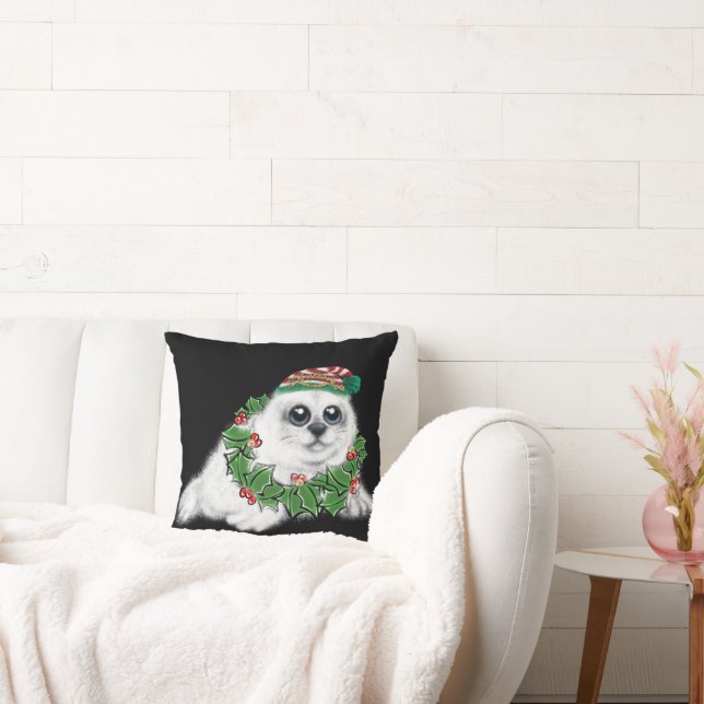 Christmas white seal pup, festive Arctic animal Throw Pillow (Couch)