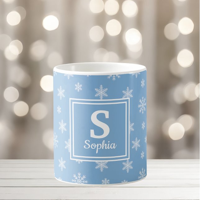 Christmas white snowflakes Baby blue monogram Coffee Mug (Creator Uploaded)