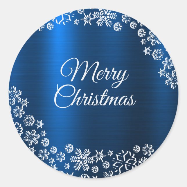 Christmas White Snowflakes Navy Blue  Classic Roun Classic Round Sticker (Front)