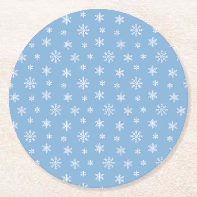 Christmas white snowflakes pattern baby blue round paper coaster (Front)