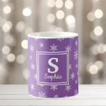 Christmas white snowflakes Purple monogram Coffee Mug<br><div class="desc">Modern vector pattern of white snowflakes on purple background feature on this festive mug.  This winter themed design also features a monogram that can be personalized with your own initial and name.</div>