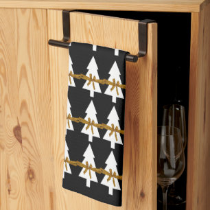 Christmas White Trees Bows Kitchen Towels Black