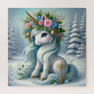 Christmas white unicorn with gold horn jigsaw puzzle