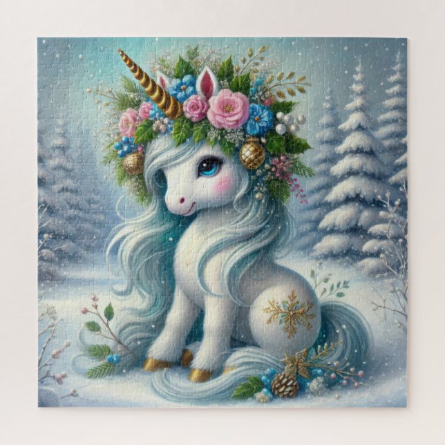 Christmas white unicorn with gold horn jigsaw puzzle (Vertical)