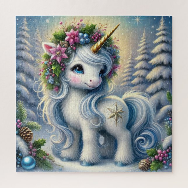 Christmas white unicorn with gold horn jigsaw puzzle (Vertical)