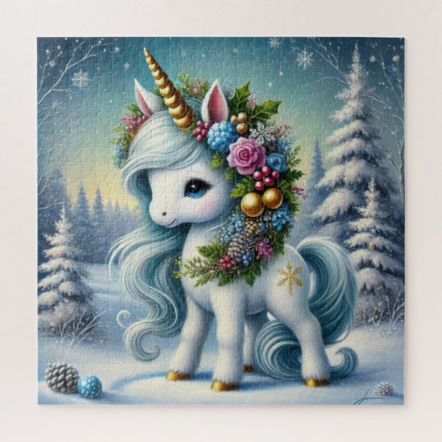 Christmas white unicorn with gold horn jigsaw puzzle (Vertical)
