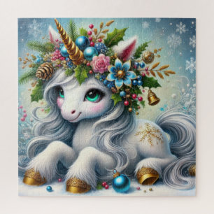 Christmas white unicorn with gold horn jigsaw puzzle