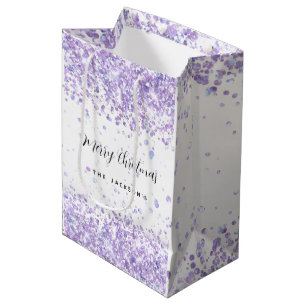 Christmas white violet sparkles name medium gift bag