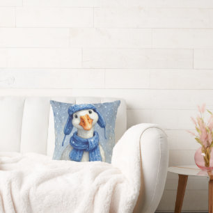 Christmas White Winter Goose With Blue Scarf Throw Pillow