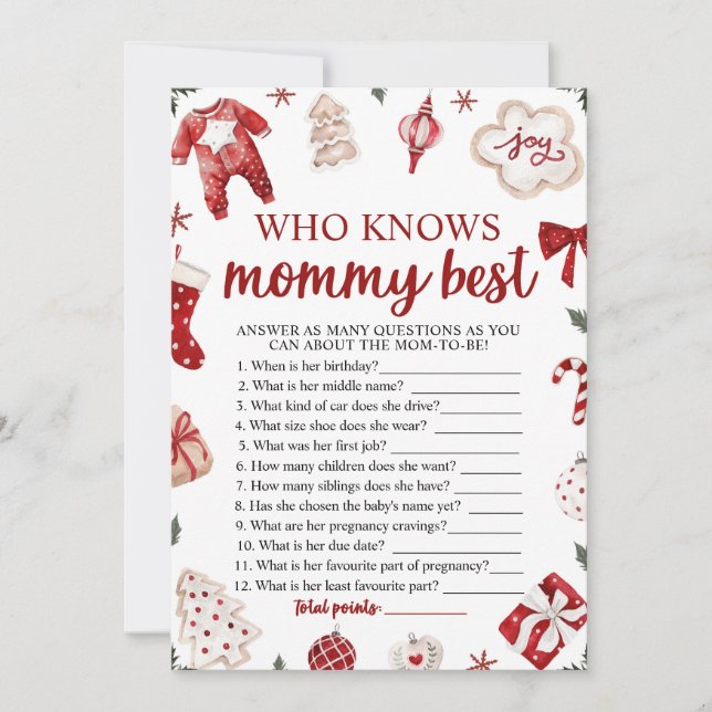 Christmas Who Knows Mommy Best Baby Shower Game Invitation (Front)