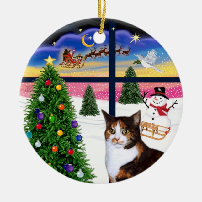 Christmas Window - Calico cat (Amer.Short Hair) Ceramic Ornament (Front)