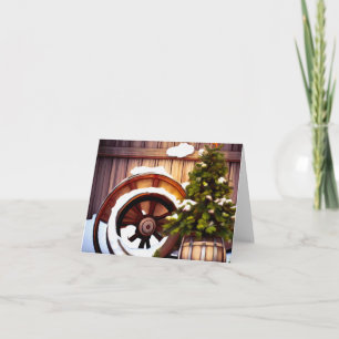 Christmas Wine Barrel, Wagon Wheel, Snow, Tree Card