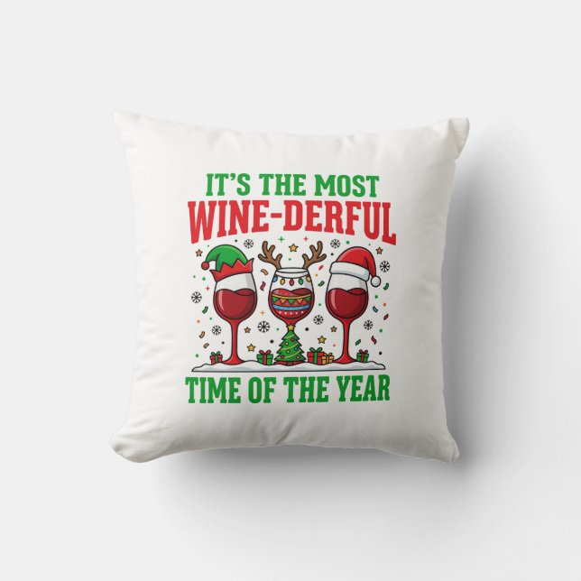 Christmas Wine-Derful Red Wine Design Throw Pillow (Front)