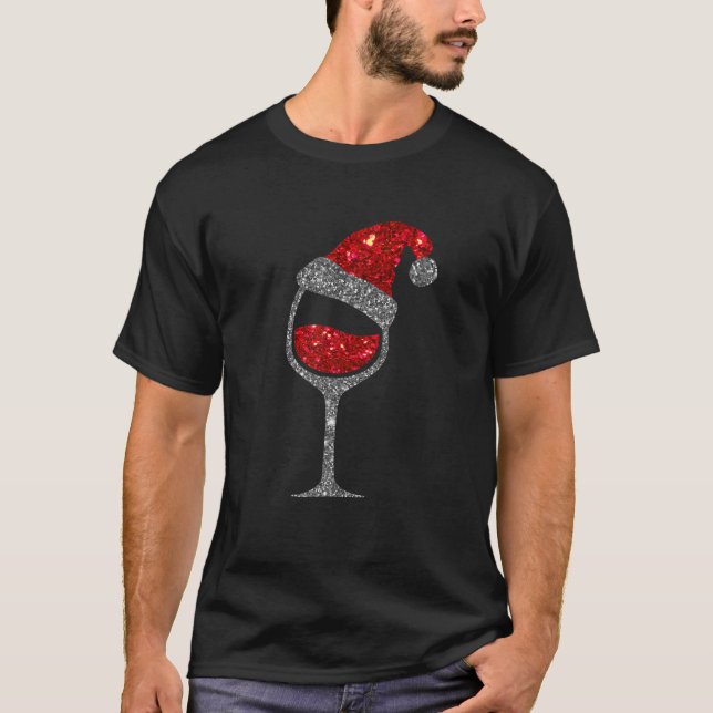 Christmas Wine - Glass Of Red Wine Santa Hat T-Shirt (Front)