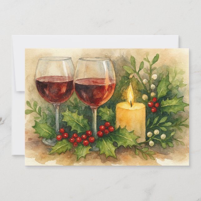 Christmas Wine Glasses Candle Holly & Mistletoe Holiday Card (Front)