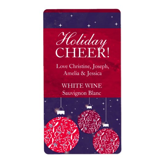 Christmas wine label baubles red blue name shipping label