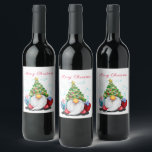 Christmas Wine Label Happy Gnome with Gift<br><div class="desc">Wine Labels with Cute Gnome with Christmas Tree Hat and Gift - Fun Cartoon Drawing - Choose / Add Your Unique Text / Name / Colour - Make Your Special Bottle Label / Gift - Resize and move or remove and add elements / text with customization tool ! Drawing and...</div>