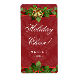 Christmas Wine Label Holly Gold Bells Damask Red