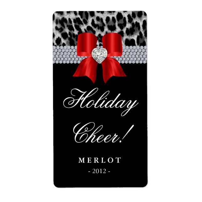 Christmas Wine Label Leopard Diamonds Bow (Front)