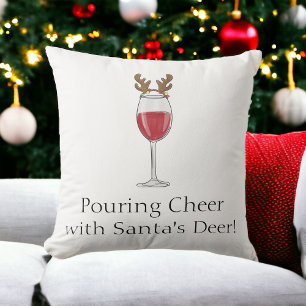 Christmas Wine Pouring Cheer with Santa's Deer Throw Pillow