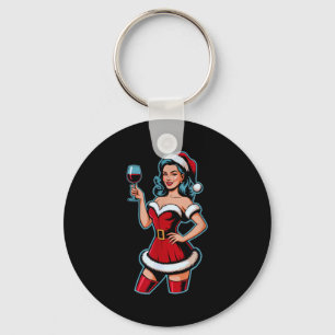 Christmas Wine Santa Girl Holiday Party Funny Vint Keychain