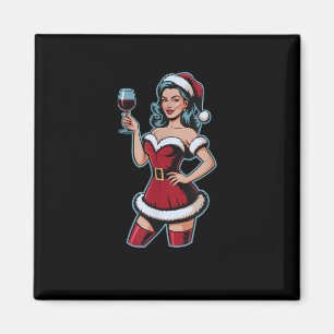 Christmas Wine Santa Girl Holiday Party Funny Vint Magnet
