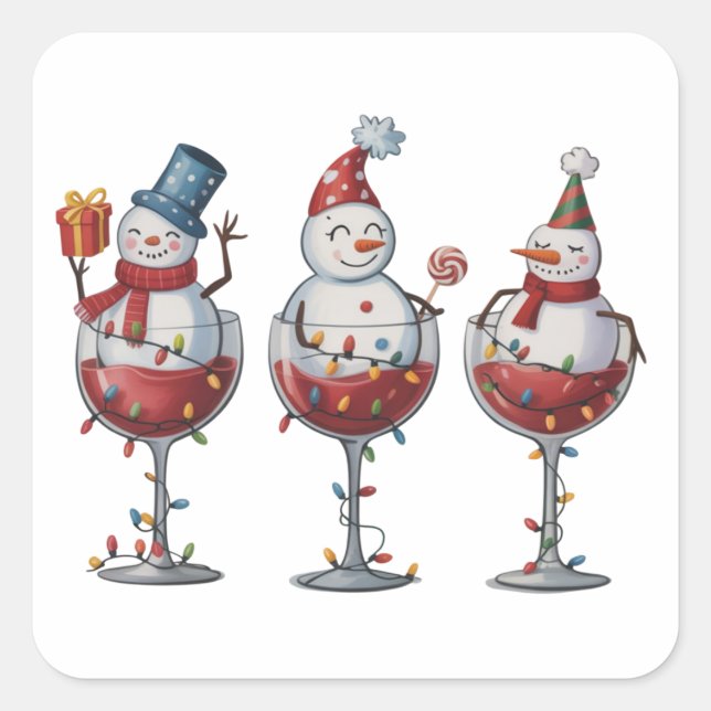 Christmas Wine Snowmen Holiday Spirits Xmas Square Sticker (Front)
