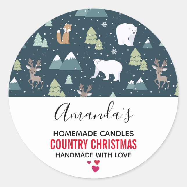 Christmas Winter Animals Rustic Pattern Candle Classic Round Sticker (Front)