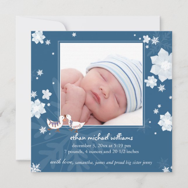 Christmas Winter Baby Boy Blue Birth Announcement (Front)