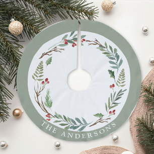 Christmas Winter Berries Wreath Custom Family Name Brushed Polyester Tree Skirt