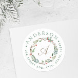 Christmas Winter Berries Wreath Monogram Address Classic Round Sticker<br><div class="desc">Custom-designed Christmas holiday return address round sticker/label featuring personalized monogram encircled in an elegant watercolor Christmas wreath with winter greenery and red berries. This envelope sticker design is perfect for decorating holiday announcements,  invitations,  DIY gifts,  and more!</div>