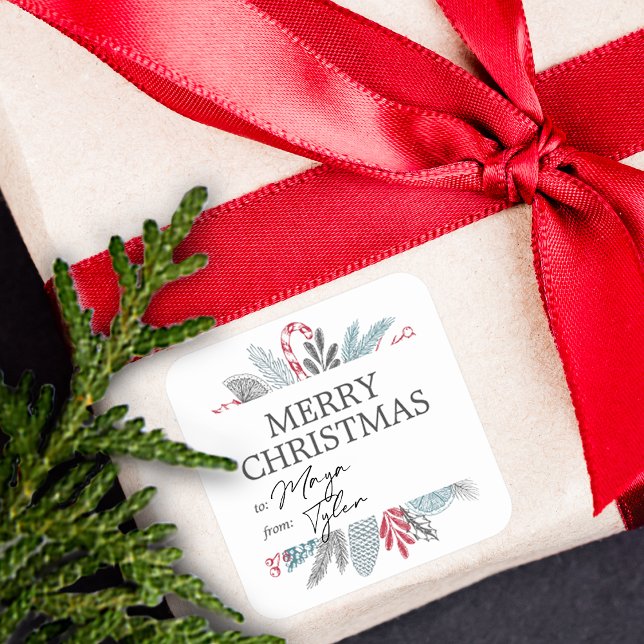 Christmas Winter Botanical Greenery To and From Square Sticker (Christmas Winter Botanical Greenery To and From Square Sticker)