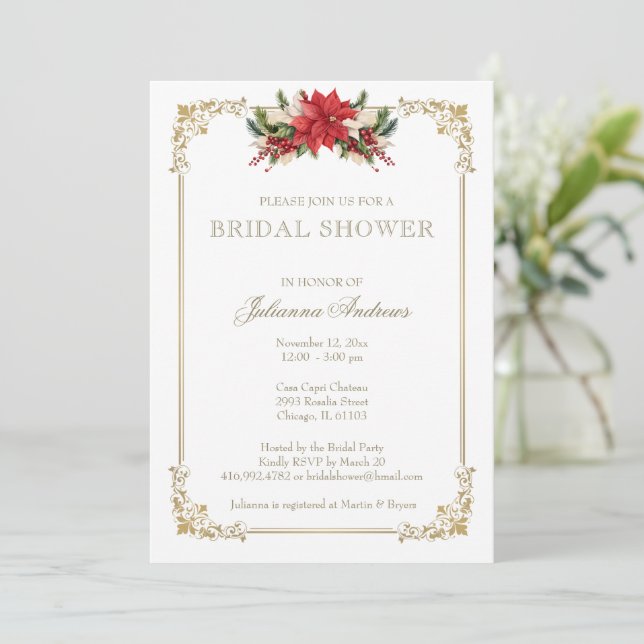 Christmas Winter Bridal Shower Poinsettias Invitation (Standing Front)