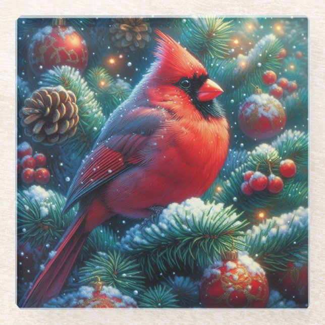 Christmas/winter Cardinal  Glass Coaster (Front)