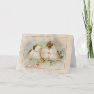 Christmas winter chickadees with holly holiday card