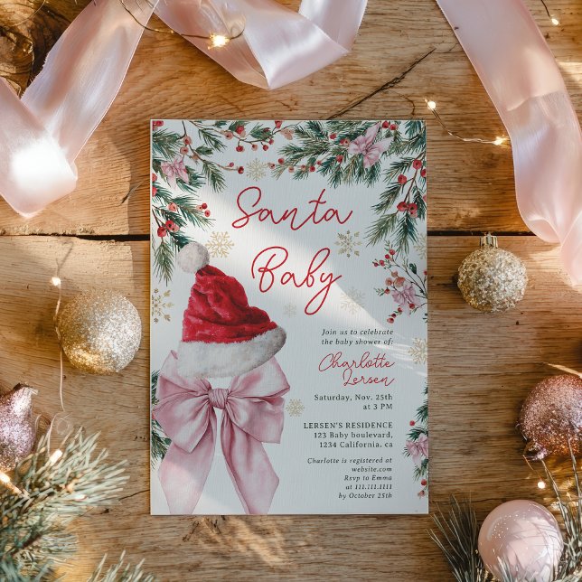  Christmas Winter Coquette Bow Santa Baby Shower Invitation (Christmas Winter Coquette Bow Santa Baby Shower Invitation)