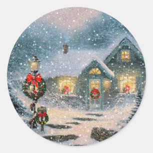 Christmas Winter Cottage Classic Round Sticker