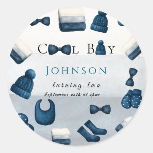 christmas winter cozy boy turning two classic round sticker
